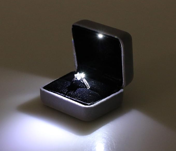 Velvet Metal Glossy with LED Jewelry Gift Box for Proposal, Engagement, Wedding - Easy to fit into Your Pocket or Handbag - Grey