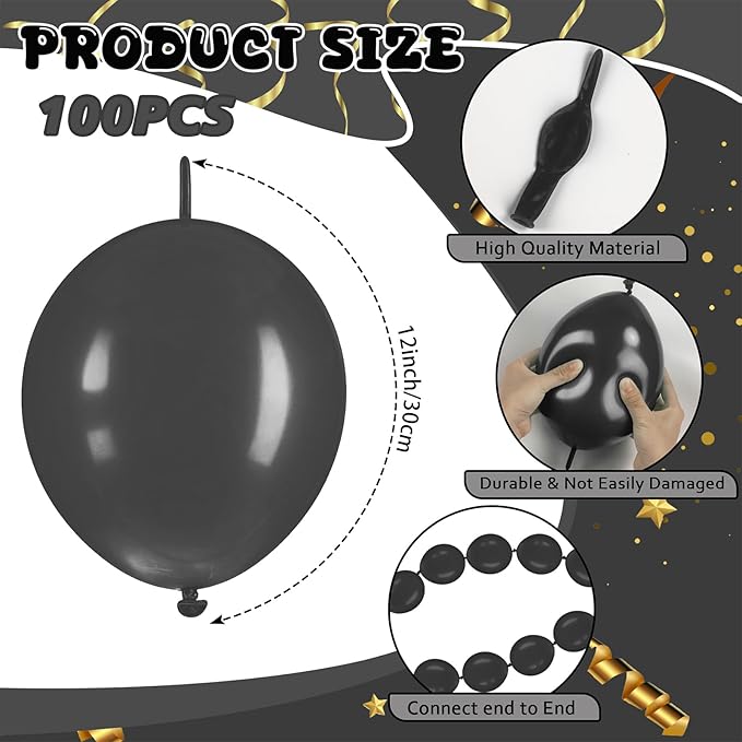 Link Balloons 12 Inch - 100 Pcs Quick Link Balloon Latex Linking Balloons Connected Linkable Balloon Birthday Wedding Party Decorations(Black-)