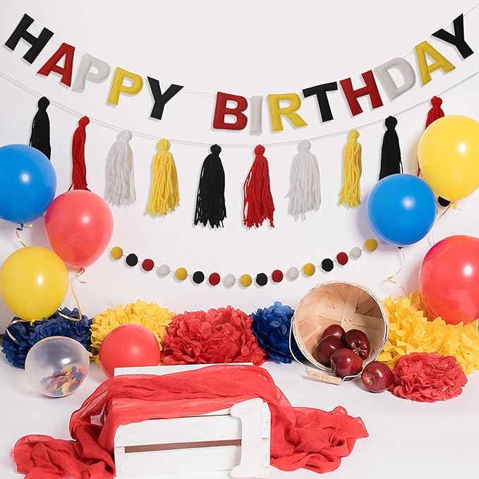 Pre-Strung Happy Birthday Banner Red and Black Party Decorations Felt Ball Garland Sign for Cartoon Mouse Birthday Party Décor