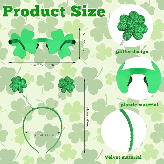 Semato St. Patrick’s Day Headband with Green Clover Sunglasses for St. Patrick’s Day Accessories Shamrock Irish Carnival Party Favors