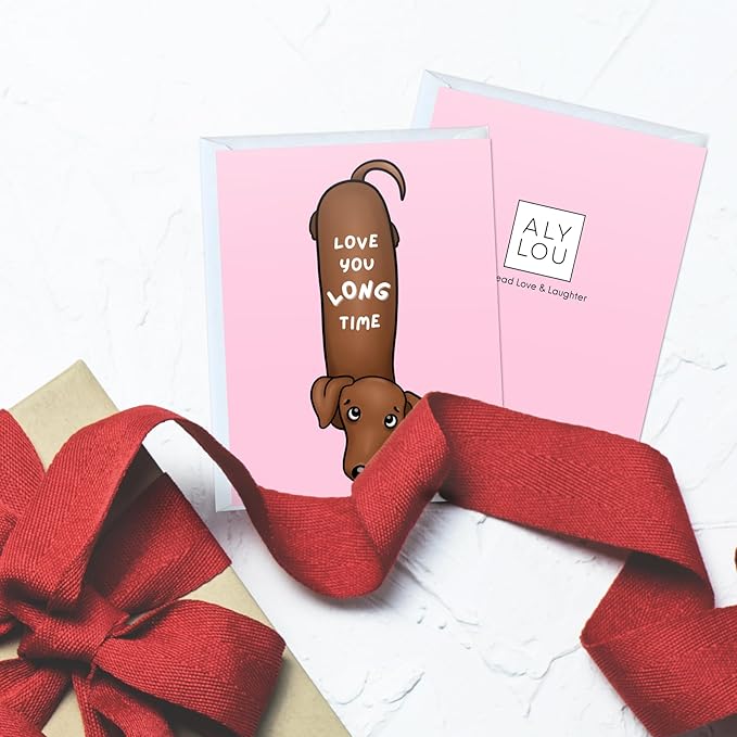 Funny Anniversary Card Mothers Day Birthday for Mom Dad Wife Husband Girlfriend Boyfriend Stepmom Aunt Parents – Cute Punny Dog Greeting Card for Fathers Day – Blank Inside (Love you long time (Weiner dog))