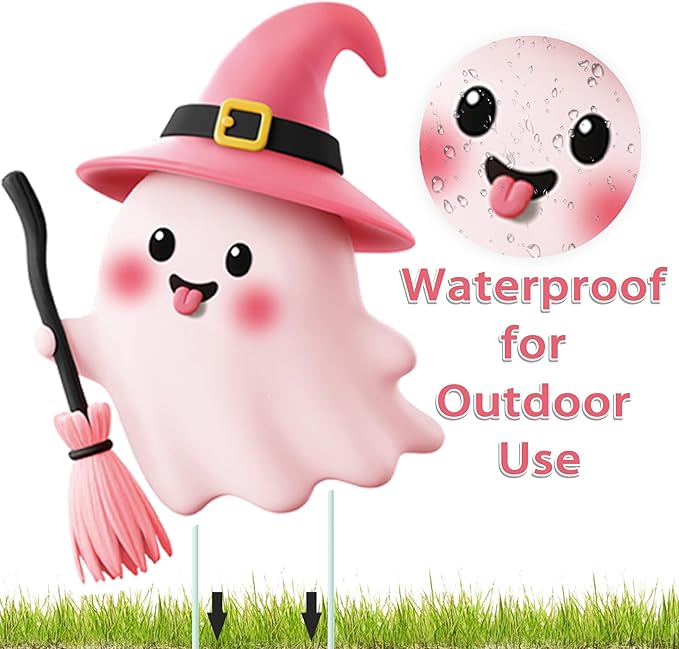MISS FANTASY Halloween Yard Decorations - Pink Halloween Decorations Halloween Ghost Yard Stakes Outdoor Hallowe'en Yard Signs Outdoor Decorations Cute Ghost Witch Pumpkin Boo Bat Sign for Lawn Garden