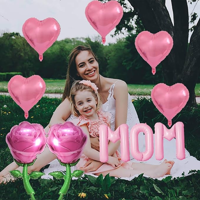 Pink Mom Balloons Pink Heart Rose Mother's Day Balloons Party Balloons for Mother's Day Decoration Party Decorations Theme Supplies Balloon Sets-10 PCS