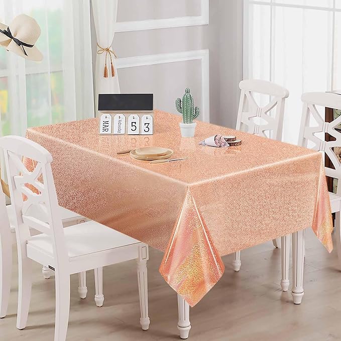 2 Pack Rose Gold Iridescent Plastic Tablecloth Disposable 54 × 108 Inch Glitter Holographic Foil Table Cloth Plastic Laser Rectangle Table Cover for Birthday Wedding Disco Party