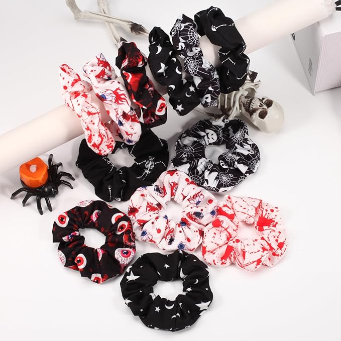 12PCS Halloween Blood Hair Scrunchies Spooky Horror Eyeball Skull Skeleton Moon Star Ghost Hair Ties for Women Girls Ladies Party Gifts