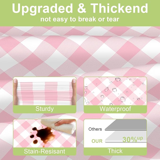 QIKSION Pink Gingham Tablecloth Disposable 6 Pack, 54 x 108 Inch Pink and White Checkered Table Cloth for Baby Shower, Easter, Mothers Day Decorations, Birthday Party, Rectangle, Plastic Table Cover