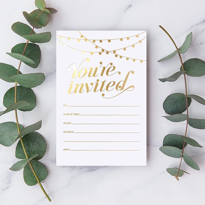 S&O Party Invitations! 25 Gold Foil Traditional Invitations with Envelopes, Wedding, Baby, & Bridal Shower Invite, Housewarming Birthday, and Girls Quinceanera Invite Cards for Every Celebration - 4x6