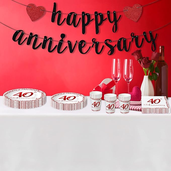APOWBLS 40th Anniversary Plates And Cups Party Supplies - Ruby 40th Wedding Anniversary Decorations Dinnerware, Dinner Plate, Dessert Plates, Cups, Napkins | Serves 24