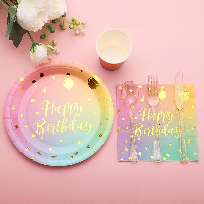 175PCS Pastel Birthday Decorations,Birthday Plates and Napkins Party Supplies,Disposable Rainbow Birthday Plates,Pastel Paper Plates for Girl Women Birthday Party Decorations,Serves 25 Guests