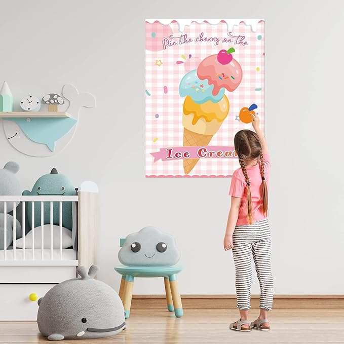 T-Antrix Pin The Cherry on The Ice Cream Game -Ice Cream Party Game with 21'' x 28'' Poster, Reusable Cherry Sticker Carnival Party Supplies Kids Birthday Party Favor Sets