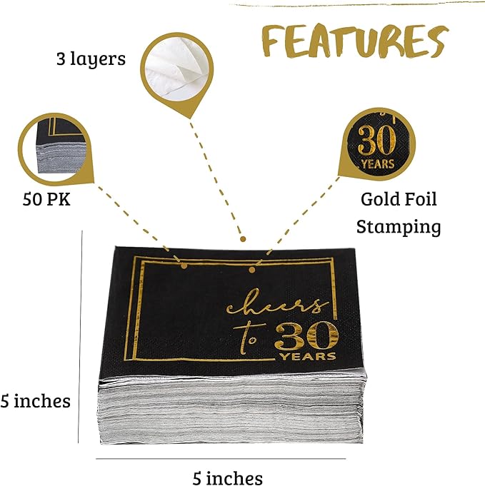 Cheers to Years Cocktail Napkins - 50 PK - 3-Ply Birthday Napkins 5x5 Inches Disposable Party Napkins Beverage Paper Napkins or Birthday Decorations Wedding Anniversary Black and Gold (30 Years)