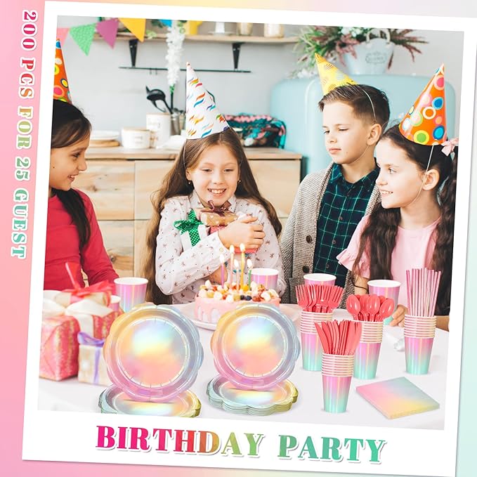 200 Pcs Iridescent Pastel Party Supplies Decorations, 25 Guest Scalloped Iridescent Pastel Plates and Napkins, Holographic Rainbow Plates Cups Napkins Straw Silverware for Girls Birthday