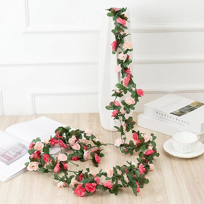 BLEUM CADE 8Pcs 66Ft Flower Garland Artificial Rose Vines with 66Ft String Lights, Cute Fake Hanging Flower Vines Floral Garland Decorations for Wedding Party Wall Room Decor Aesthetic