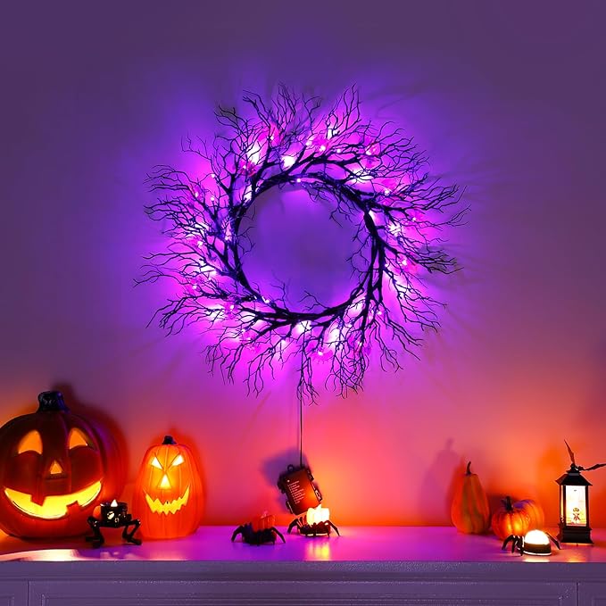 Joyhalo Halloween Garland with Lights Decorations with Bat Lights,Battery Operated 6FT 48 LED Halloween Willow Vine Twig Garland for Mantle,Wall,Fireplace and Halloween Decorations