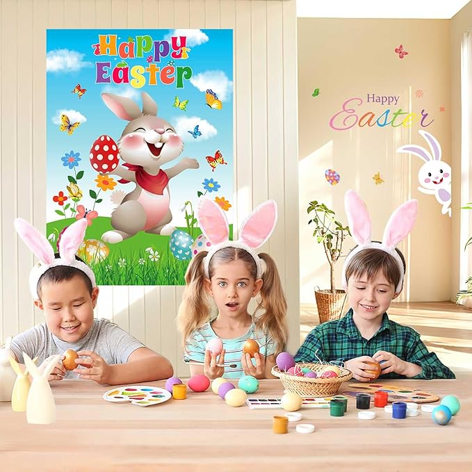 AUGSUN Pin The Tail on The Bunny Easter Games Easter Rabbit Games with 24 Stickers for Easter Party Decorations, Easter Egg Hunt Activities Happy Easter Party Favors Supplies