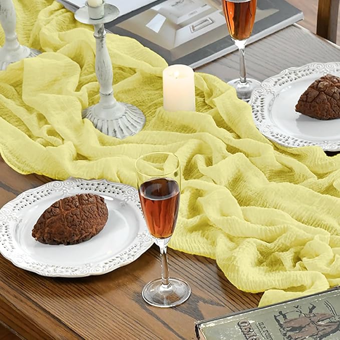 Artoid Mode Boho Light Yellow Gauze Wedding 6Pcs Table Runner, 120 Inch Seasonal Fabric Kitchen Dining Holiday Table Decor for Home Party Indoor
