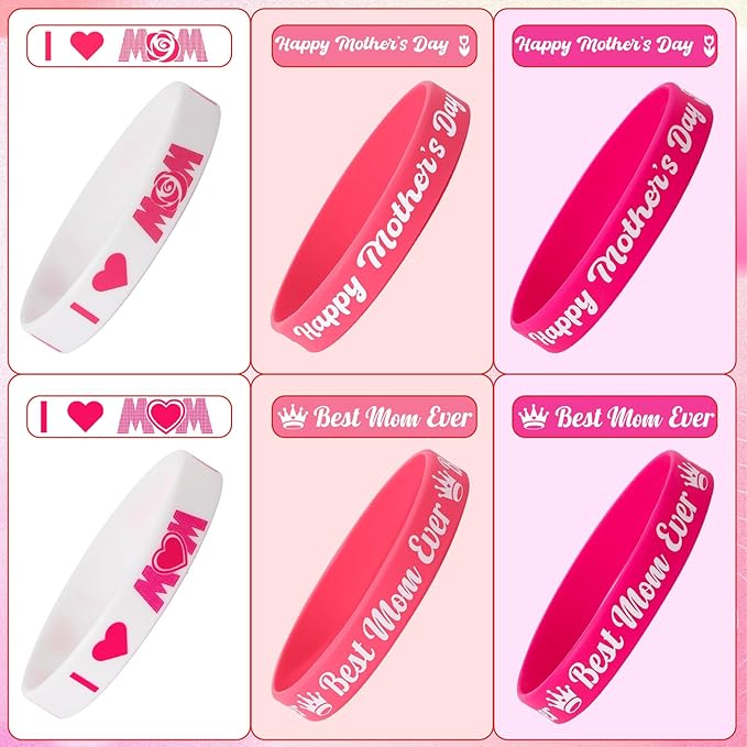JUNEBRUSHS 42pcs Mother's Day Silicone Wristbands Party Favors Rubber Bracelets for Happy Mother's Day Mom Birthday Themed Party Supplies Goodie Bag Stuffers Fillers