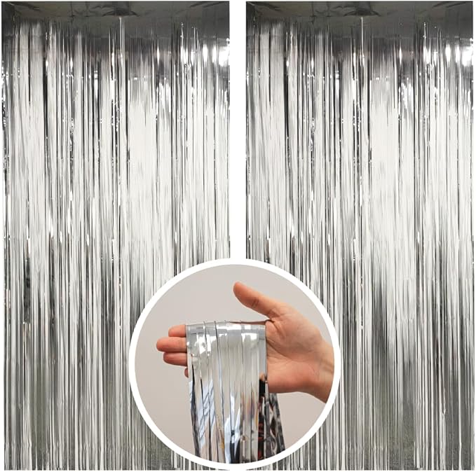 Pack of 2 Silver Foil Fringe Curtains – Silver Tinsel Backdrop for Photo Booth, Birthday, Wedding, Baby Shower, Bachelorette, Christmas & Holiday Party Decorations