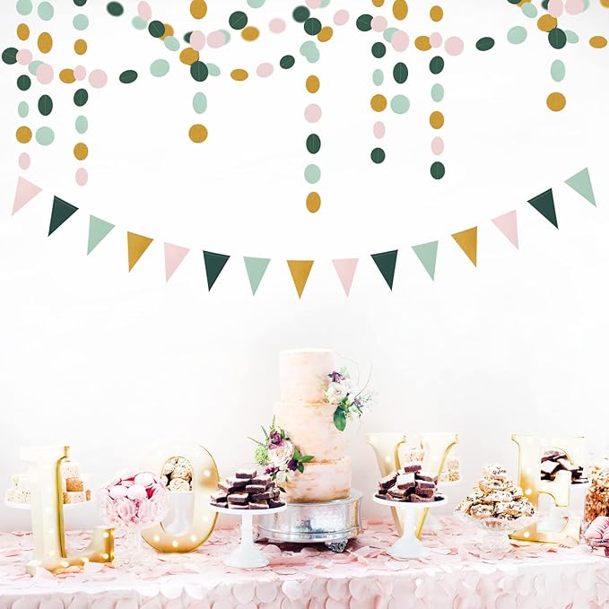 Sage-Green Pink Gold Paper Garland - 52Ft Glitter Paper Hanging Decoration Streamer Banner,Baby Bridal Shower Safari Birthday Tropical Party Decorations Jungle Theme Wedding Bunting Lasting Surprise