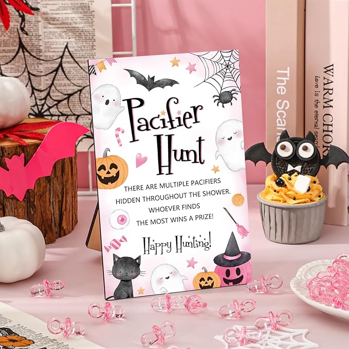 Whaline 51 Pcs Halloween Pacifier Hunt Baby Shower Game Include Wooden Sign 50 Pink Plastic Pacifier for Gender Reveal Party Favor Gift Supplies