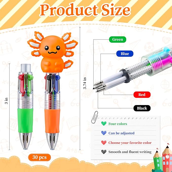 CZWZ 30Pcs Mini Multicolor Pens in One 4-in-1 Cute Pens Bulk, Ballpoint Pen for Birthdays and Parties, Fun Gifts Assorted Ink Kawaii Pen(Axolotl)