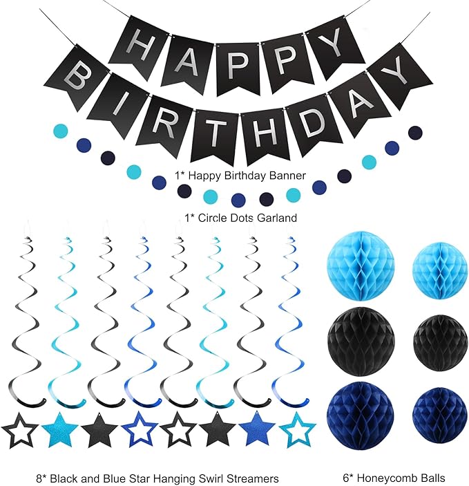 meowtastic Birthday Decorations, Happy Birthday Banner with Honeycomb Balls, Stars Hanging Swirl Streamers, Circle Dots Garland, Happy Birthday Party Decorations for Women Men Boys Girls (Black&Blue)