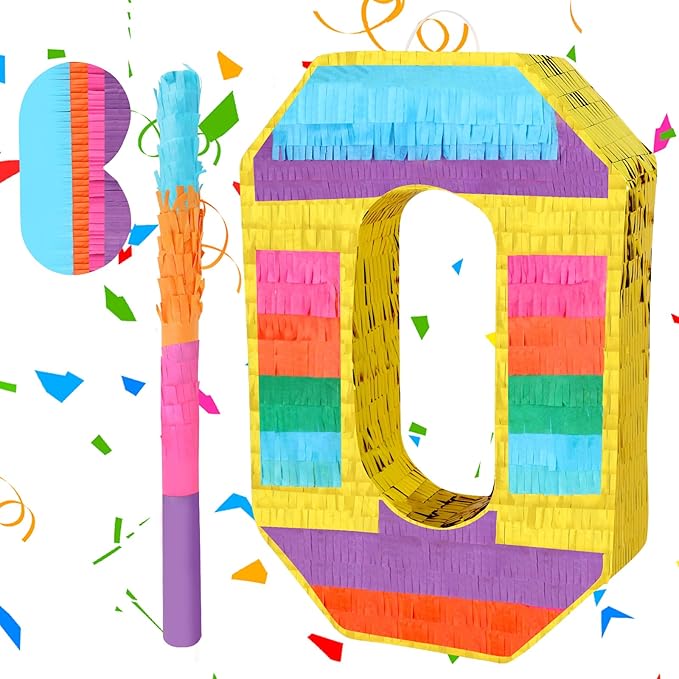 Rainbow Number 0 Pinata Birthday Decorations for Kids, Rainbow Pinata with Bat Stick Blindfold for Boys Girls Birthday Celebrations Baby Shower Party Supplies (16.1x10.6x2.9 Inches)