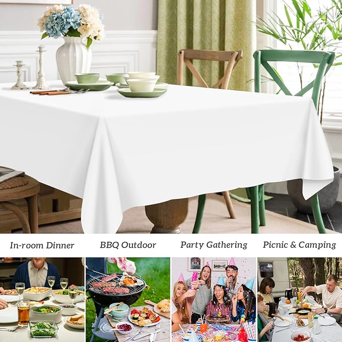 Mulbozy 2 Pcs White Plastic Tablecloth for Rectangle Table, 54 × 108 inches Disposable White Party Table Covers for Birthday, Wedding, Baby Shower, Holdiay Party Decoration