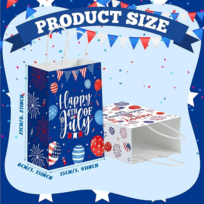 24 Pcs Patriotic 4th of July Gift Bags with Handle American Flag Party Favor Bags Memorial Day Treat Goodie Boxes for 250th Anniversary Independence Day Veterans Red White and Blue Supplies