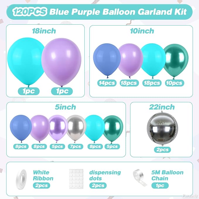 Mermaid Balloon Arch Kit, 120pcs Blue Purple Balloon Garland Arch Kit With Silver 4d Foil Balloons Teal Blue For Mermaid Themed Birthday Party Baby Shower Wedding Bachelorette Anniversary Decoration