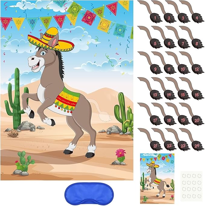 PLULON Pin The Tail on The Donkey Birthday Games for Kids Mexican Donkey Game Poster with Tail Stickers Donkey Party Favors Carnival Birthday Fiesta Home Wall Decor Classroom Family Activities