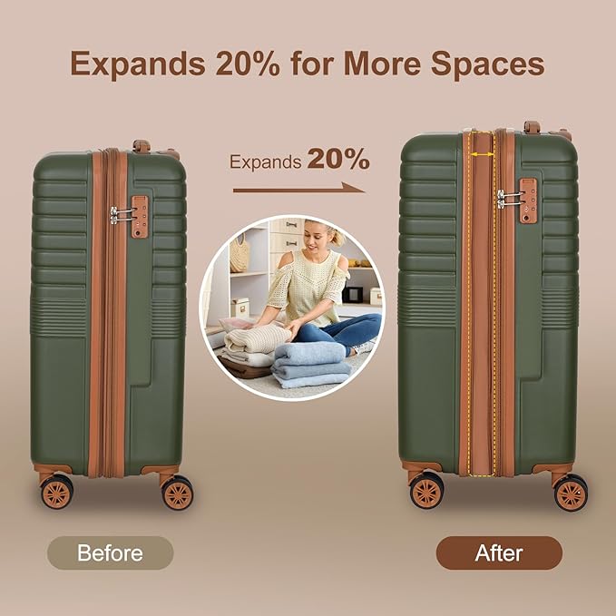 Romswi 3-Piece Expandable Luggage Set 20/24/28 Inch, Spinner Hardshell Lightweight Suitcases with TSA Lock, YKK, Checked & Carry On Luggage Set, Olive Green