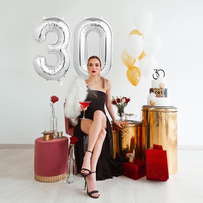 Number Balloons Silver Party Balloon - Giant Number 30 Balloon, 40 Inch Large Balloon for 30th Birthday Decorations, Silver Party Supplies for Anniversary