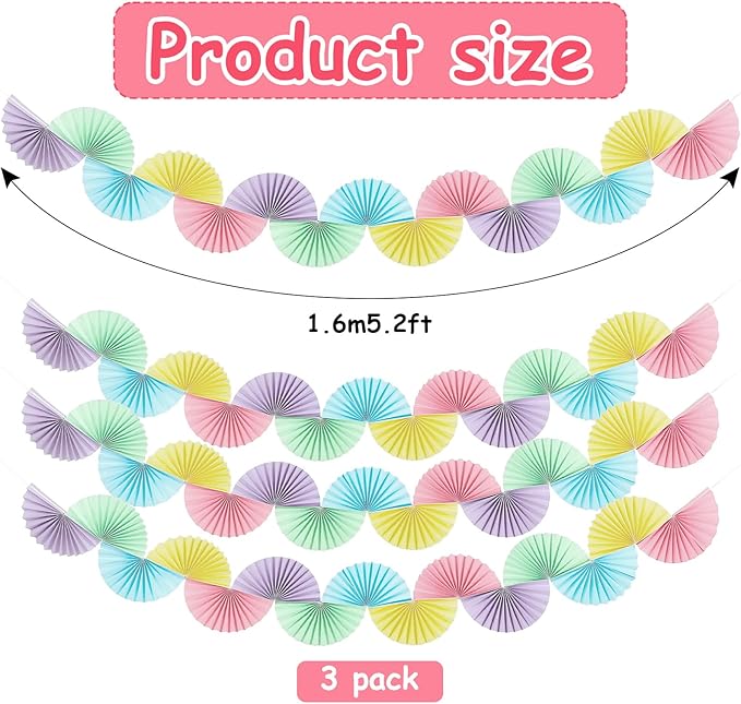 3 Pack Wedding Paper Fans Garland 15.6ft Colorful Background Ceiling Hanging Decorations Paper Garland Decorations Set for Birthday Party Supplies 3D Bachelorette Party Decorations (Pastel)