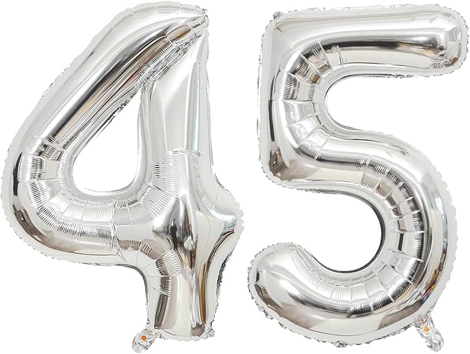 Giant Silver Number 45 Balloons, 45 Inch Jumbo Number 45, Large Foil Mylar Balloons for Girls Women 45th Birthday Party Decorations, 45 Anniversary Events Decorations