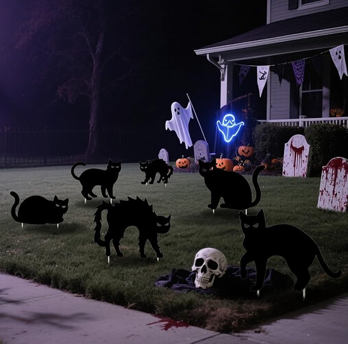 6 PCS Halloween Yard Signs,Scary Black Cat Yard Signs with Stakes,Halloween Decoration for Lawn Garden Courtyard