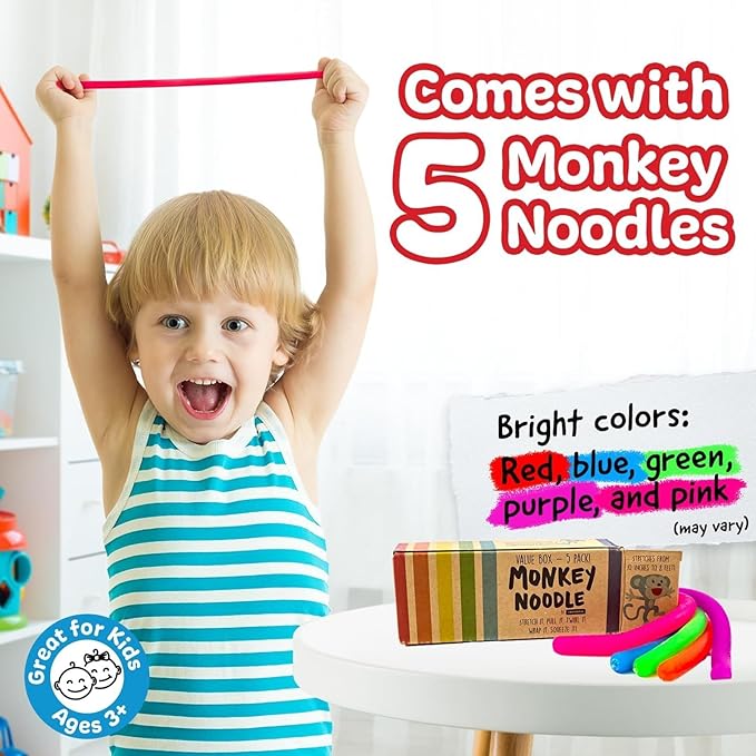 IMPRESA Monkey Noodles Fidget Toys for Focus & Calm - Multicolor, 12 x 3 x 0.75 in - 5 Pack Sensory Stretchy String Fidgets for Kids & Toddlers 3+