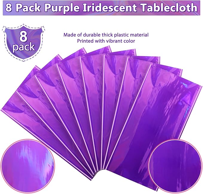 FunnyPars 8 Pack Iridescent Purple Plastic Tablecloths, Shiny Disposable Laser Rectangle Table Covers, Foil Tablecloth Iridescent Party Decorations for Kpop Birthday Bridal Wedding Decor, 54x108 Inch