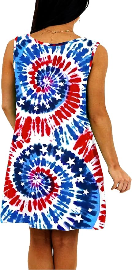 Deerose Women 4th of July Sleeeveless Dress Patriotic V Neck Tank Dresses with Pockets