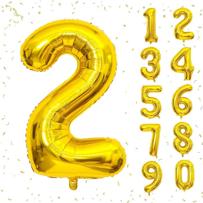 16 In Gold Large Numbers Balloons 0-9, Self Inflating Number 2 Balloons for Boys Girls, Big Gold Digit 2 Balloons for Women Men Birthday Party Anniversary Wedding Supplies Decorations