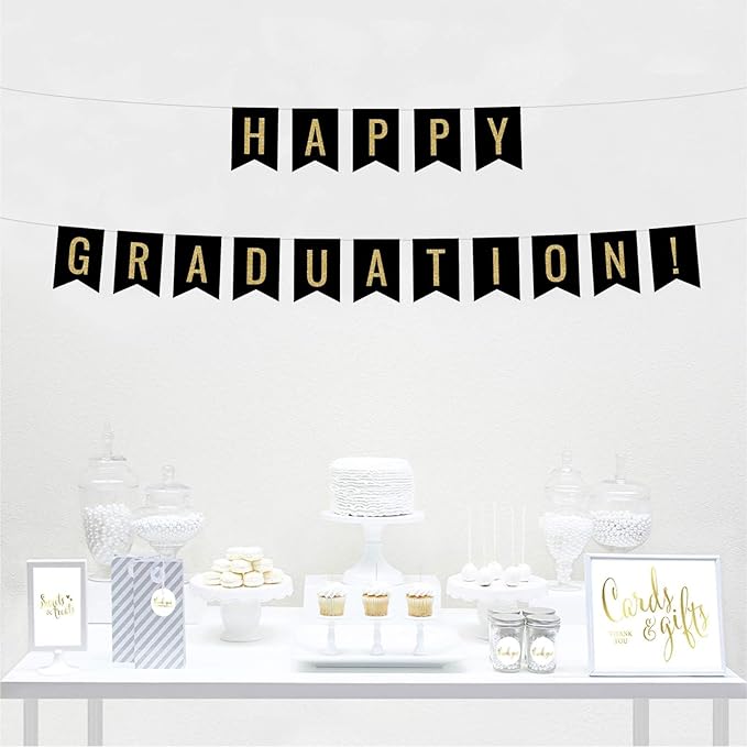 Andaz Press Faux Gold Glitter on Black Party Banner Decorations, Happy Graduation!, Approx 5-Feet, 1-Set, Colored Hanging Pennant Decor