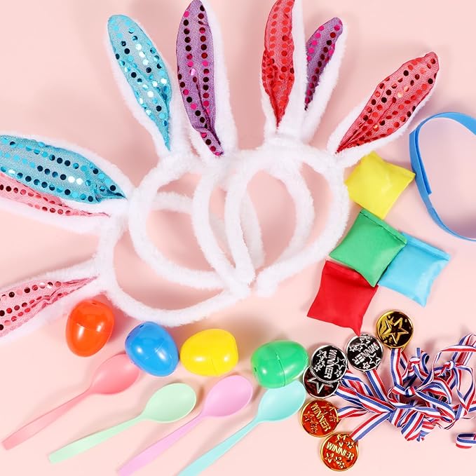 Atonofun Easter Outdoor Party Games for Kids, Potato Sack Race Jumping Bags, Bunny Ears Headbands, Egg and Spoon Race, Legged Relay Race Bands for Easter Theme Party Favor, Easter Eggs Hunt Game