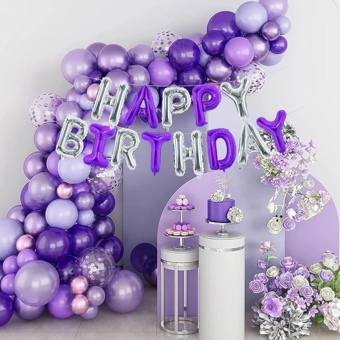 TONIFUL Happy Birthday Balloons with Ribbon Straw, 16 Inch Mylar Letters Balloons Sign Banner Bunting Reusable for Girls Boys Kids & Adults Party Decorations Supplies（Purple Silver）