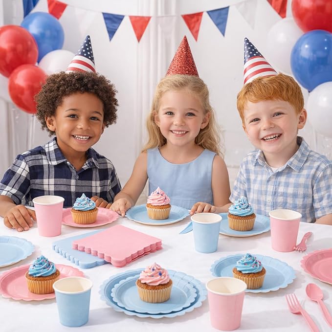 LIYH 350 Pcs Gender Reveal Pink and Blue Plates and Napkins Set for 50 Guest Party Supplies Include Scalloped Paper Plates Cocktail Napkins Cups Spoons Forks Knives for Baby Shower, Birthday, Easter