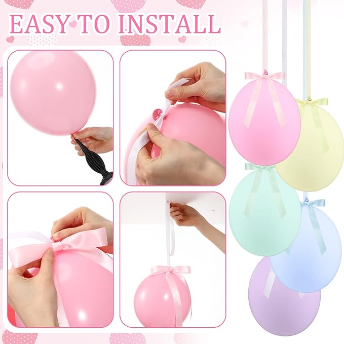 TaoBary 24 Set Easter Pastel Latex Party Balloons, 12inch Macaron Rainbow Latex Balloons and Macaron Ribbon Bows with Twist Tie for Baby Shower Birthday Party Bridal Shower Wedding Decor