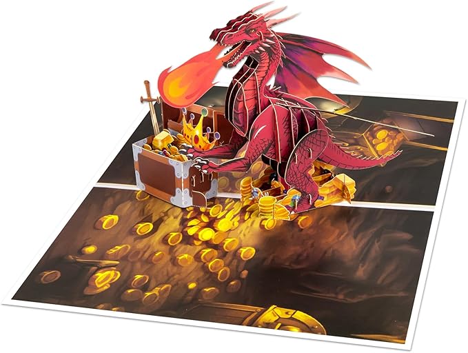 Treasure Chest Fire Dragon Pop Up Greeting Card with Blank Note & Envelope, ideal celebration gift for Friendship, Love, Anniversary, Special Moment, Inspirational, Birthday, Holiday, Party