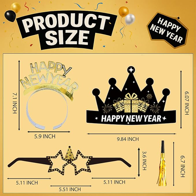 New Years Eve Party Supplies 2026 – 63 PCS Celebration Kit with Headbands, Crown Hats, Glasses, Noise Makers, Photo Booth Props & Wristbands – Gold Silver Happy New Year Decorations