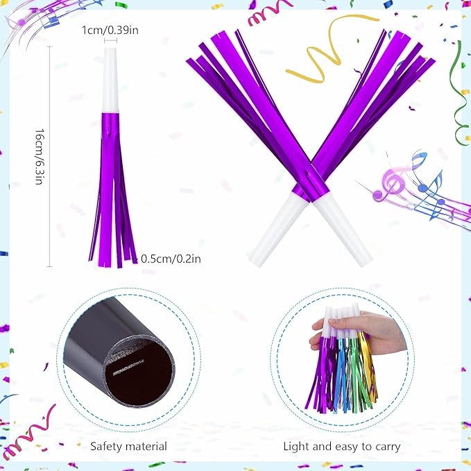 Noise Makers Party Horns, 30 Pack, Purple Metallic Glitter with Fringe, for Birthday, Wedding, New Year