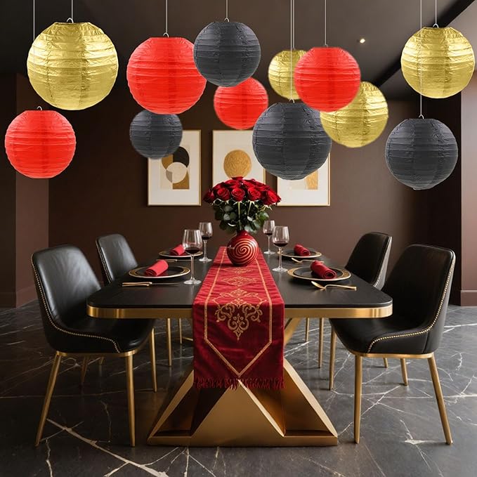 12 Pcs Red Black Gold Paper Lanterns Round Hanging Paper Lanterns for Birthday Wedding Graduation New Year Bachelorette Party Decoration