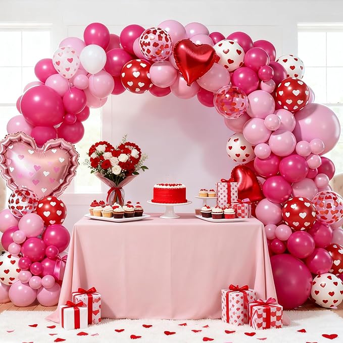 Valentines Day Balloons Arch Kit, Hot Pink White Red Heart Print Confetti Blloons with Heart Foil Balloon for Valentines Day Decorations Wedding Engagement Anniversary Supplies